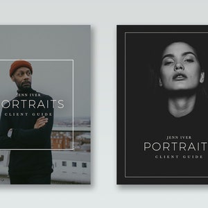 Può includere: Due immagini in bianco e nero con un bordo bianco. La prima immagine mostra una persona con un cappello rosso e vestiti neri. La seconda immagine mostra il viso di una persona. Entrambe le immagini hanno il testo "Jenn Iver Portraits Client Guide".
