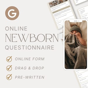 Może przedstawiać: Wzorzec kwestionariusza online dla noworodków z listą funkcji: formularz online, przeciągnij i upuść, gotowy do użycia. Obraz pokazuje również smartfon wyświetlający zdjęcie dziecka owiniętego w kocyk.