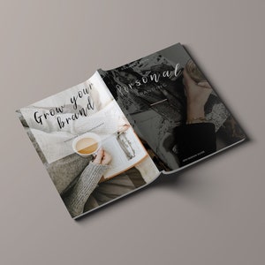 May include: An open book with the text "Grow your brand" on the left page and "Personal Branding" on the right page. The book is open to a page with a photo of a person holding a cup of coffee.