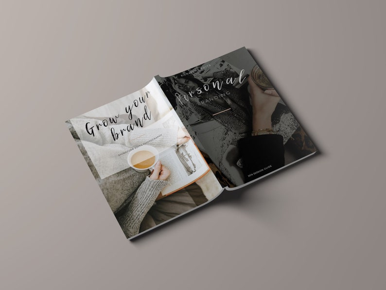 May include: An open book with the text "Grow your brand" on the left page and "Personal Branding" on the right page. The book is open to a page with a photo of a person holding a cup of coffee.