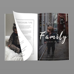 family photographer client magazine template, portrait session guide, family photography marketing, style guide, kids children & family