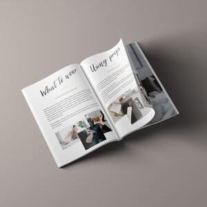 May include: Open book with the text "What to wear" and "Using props" on the pages. The pages are white with black text and images of clothing and props.