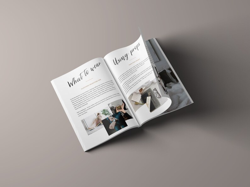 May include: Open book with the text "What to wear" and "Using props" on the pages. The pages are white with black text and images of clothing and props.