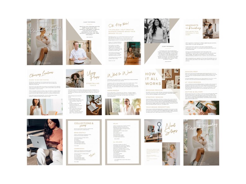 May include: A digital marketing guide with the title "Personal Branding" in a soft, elegant font. The guide features images and text blocks with headings like "Choosing Locations" and "How it all Works". The color scheme is neutral with beige and white.