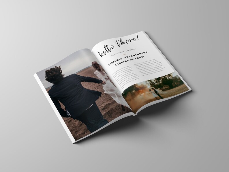 Puede incluir: Una revista abierta con el texto "hello there!" en la portada. La revista presenta una pareja corriendo en una playa con un fondo humeante.