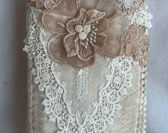 Vintage Lace Fabric Book, Handmade Junk Journal