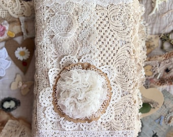 Vintage Crochet Lace Fabric Journal, Handmade Junk Journal