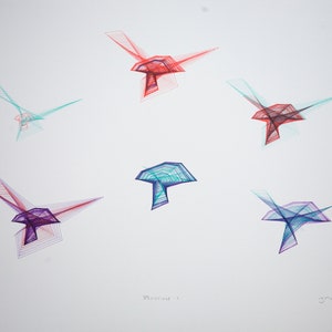 May include: Six abstract geometric shapes in red, blue, and purple, drawn with fine lines on a white background. The shapes are similar in form, but each has a unique arrangement of lines. The artwork is signed "Edition 1" and "J. Millard 2."