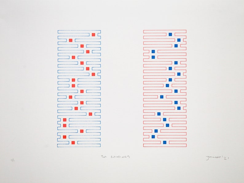 Puede incluir: Un fondo blanco con dos columnas verticales de cuadrados rojos y azules. La columna de la izquierda tiene l&iacute;neas azules y cuadrados rojos. La columna de la derecha tiene l&iacute;neas rojas y cuadrados azules. El texto "Two 6x100 works" est&aacute; debajo de la columna de la izquierda y "January 12" est&aacute; debajo de la columna de la derecha.