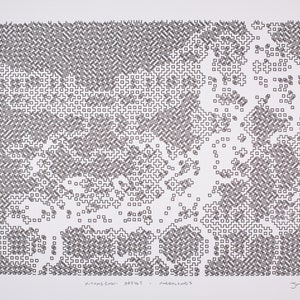 Könnte beinhalten: Schwarz-weißes abstraktes Kunstwerk mit einem geometrischen Muster aus Quadraten und Rechtecken. Der Druck ist mit "Offset - Megaclouds" betitelt und mit "Jrimme 22" signiert.
