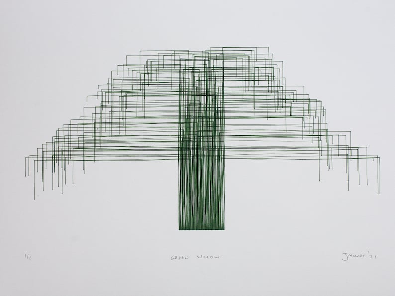 Puede incluir: Un dibujo en blanco y negro de un &aacute;rbol con el texto "Green Willow" y "January '21" debajo de la imagen.