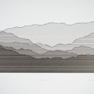 May include: Black and white line art print of a mountain landscape. The print is titled "Landscapes #1" and signed "J. Snow '72".