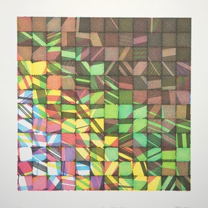 May include: A colorful abstract print with a geometric pattern of squares and lines in shades of red, yellow, green, blue, and black. The print is titled "Stochastic Gradient" and signed "Januar'11".