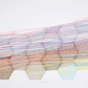 May include: Abstract art print featuring a geometric pattern of overlapping hexagons in shades of red, blue, green, yellow, and brown. The print is titled "over, under, over" and signed "J. Krause 21".