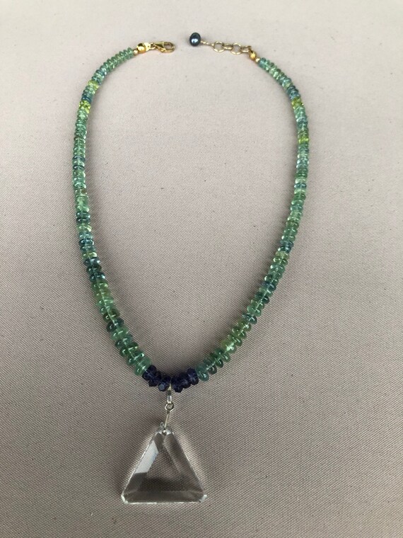 Green Kyanite Beaded Necklace With Clear Quartz Pendant Blessed by