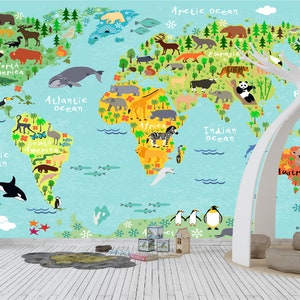 Tiere der Weltkarte - Kinderwand Wandbild Peel & Stick fürs Kinderzimmer