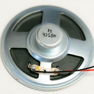 May include: A silver speaker with a black speaker cone and a silver dome with the text "8&Omega; 0.25W" printed on it. The speaker has two wires attached to it, one red and one black.