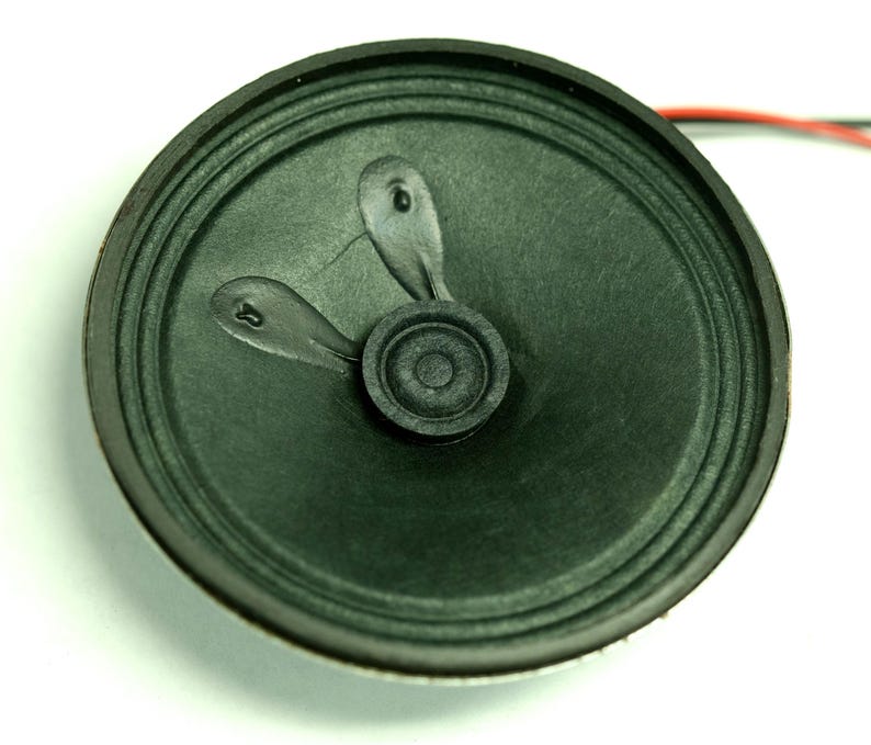 May include: A black round speaker with a green cone and two small black tabs on the cone.