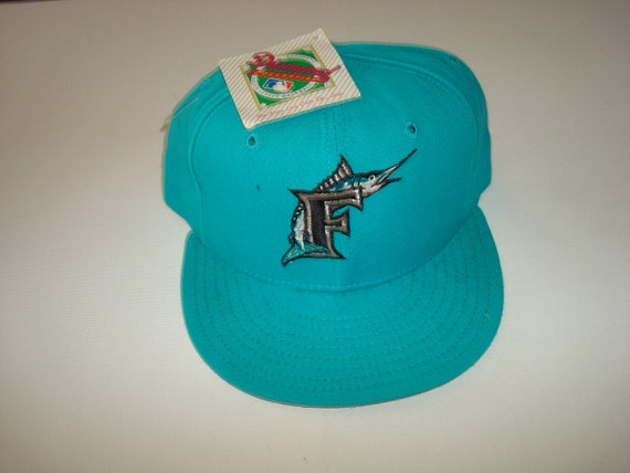 VINTAGE New Era Florida Marlins Snap Back Hat Cap Black Teal MLB Baseball 90s