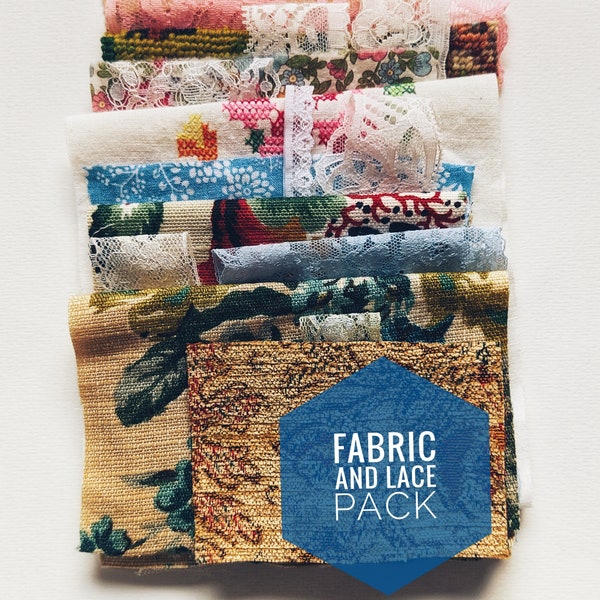 Fabric piece pack . Slow Stitch Kit . Fabric Journal Kit . Vintage fabric . Shabby Lace . Fabric Scraps. Ephemera