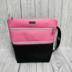 Pink and Black Faux Leather Triple Zip Crossbody Handbag
