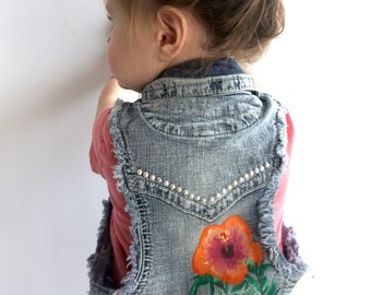 One of a Kind Hand Painted Kid's Denim Vest - Hibiscus