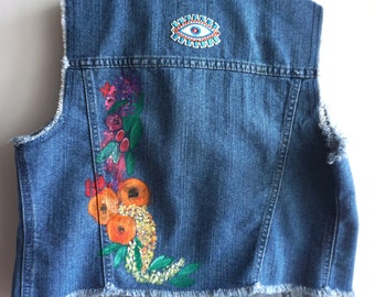 Hand Painted Kids Denim Vest - Flowers