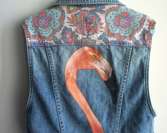 Hand Painted Custom Women's Denim Vest - Flamingo