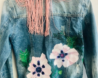 Vintage Women’s Hand Painted Denim Jacket - Flowers