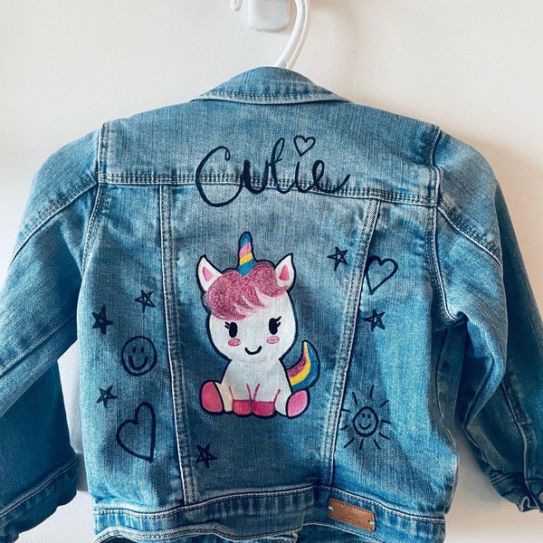 Veste en jean pour enfant peinte à la main - Licorne