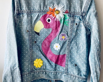 One of a Kind Hand Painted Denim Jacket for Kids - Flamingo