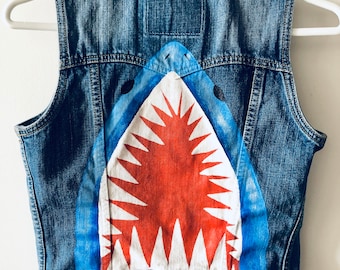 Hand Painted Women's Denim Vest - Shark