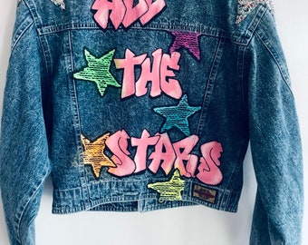 One of a Kind Hand Painted Women's Denim Jacket - All The Stars