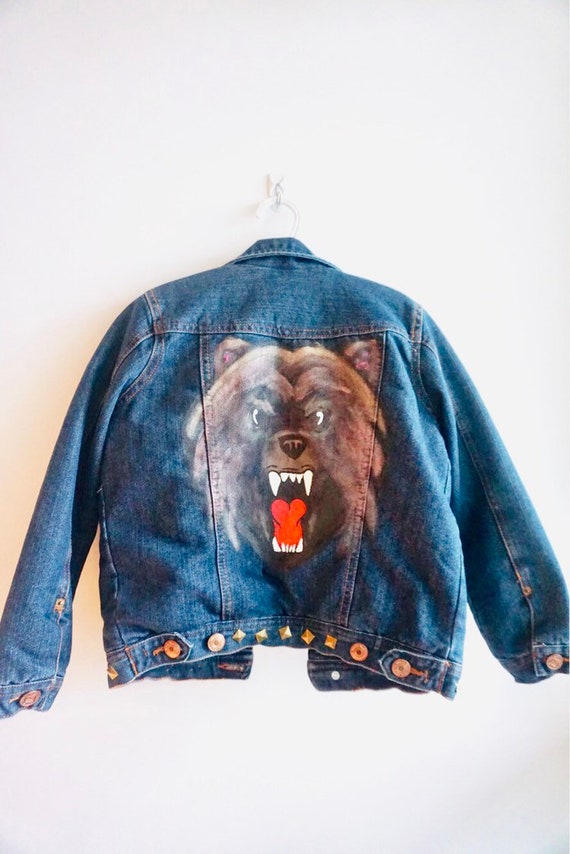 Hand Painted Kids Denim Jacket Grizzly Bear | Etsy