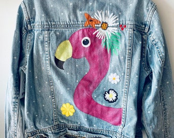 One of a Kind Hand Painted Kids Denim Jacket - Flamingo