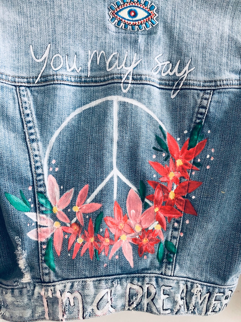 Hand Painted Womens Denim Jacket Peace image 3