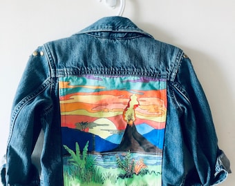 One of a Kind Hand Painted Kid's Denim Jacket - Volcano