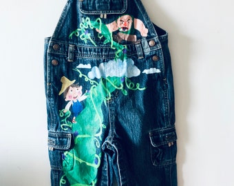 One of a Kind Hand Painted Kid's Overalls - Jack and the Beanstalk