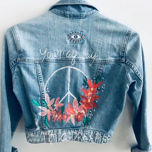 Hand Painted Womens Denim Jacket Peace image 1