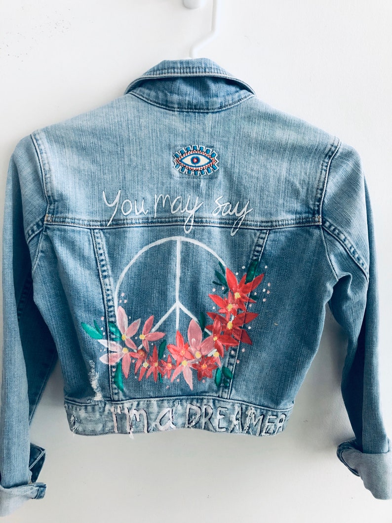 Hand Painted Womens Denim Jacket Peace image 1