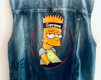 On of a Kind Hand Painted Kid's Denim Vest - Cartoon