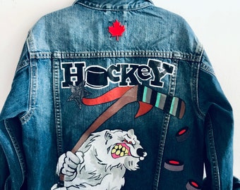 One of a Kind Hand Painted Kid’s Denim Jacket - Hockey