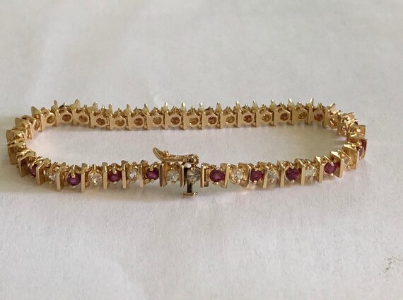 14K Gold Ruby Sapphire Bracelet: 7 inch Tennis St… - image 1