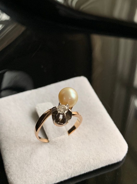 Antique Pearl and diamond Gold Ring - image 6