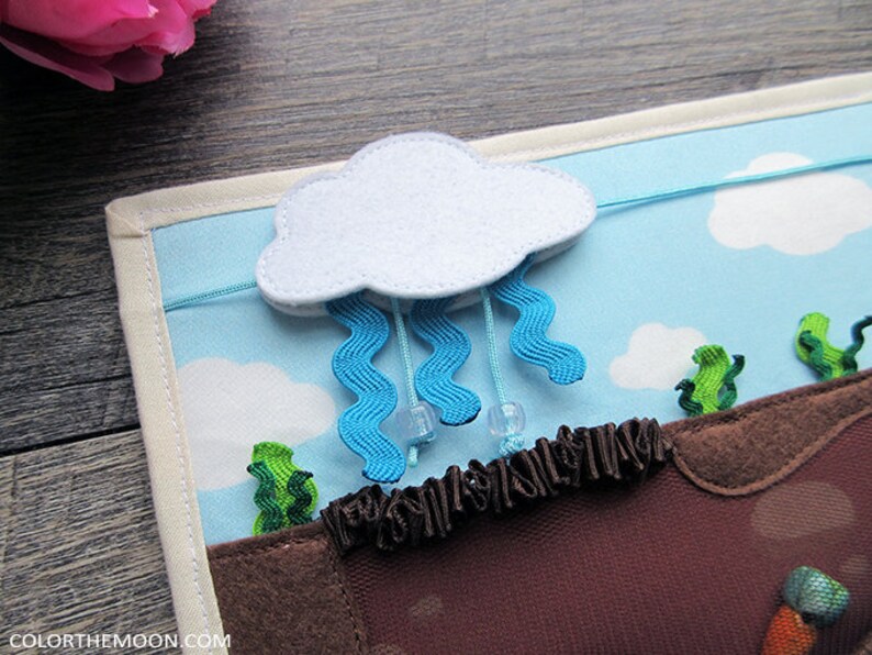 May include: A felt play mat featuring a white cloud and blue raindrops. The mat has a brown felt section with green felt plants and a blue felt sky section. The cloud is attached to the mat with a string and the raindrops are attached to the cloud with strings.