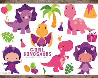Girl Dinosaurs clipart, SVG, dino vector graphics, dinosaur digital clip art, dinosaur kids svg, dinosaur digital images - CA009