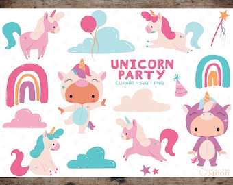Einhorn Party Clipart, SVG, Einhorn Vektorgrafik, Regenbogen digitale Clip Art, Einhorn Kinder Kunst, Einhorn Bilder - CA007