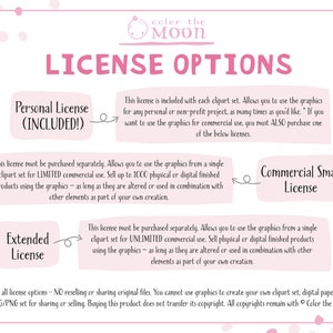 May include: A pink and white graphic with the text "Color the Moon" and "License Options". The graphic outlines the different license options for using clipart sets, including personal, extended, and commercial small licenses. The text explains the limitations and uses of each license.