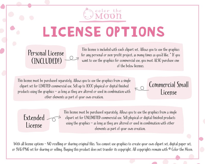 May include: A pink and white graphic with the text "Color the Moon" and "License Options". The graphic outlines the different license options for using clipart sets, including personal, extended, and commercial small licenses. The text explains the limitations and uses of each license.
