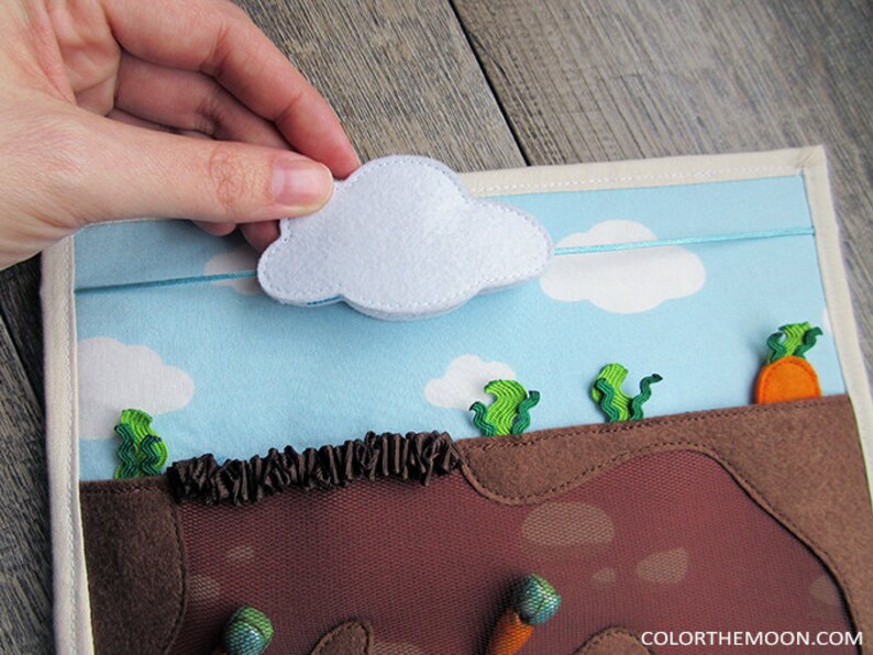 May include: A felt play set with a blue sky, white clouds, brown dirt, green grass, and orange carrots. The cloud is attached to the sky with a blue string and can be moved around.